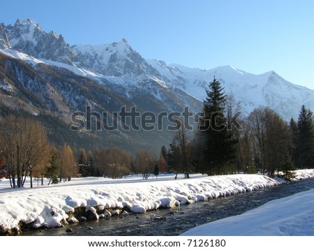 Mont Blanc range and Chamonix golf-course under snow at sunset