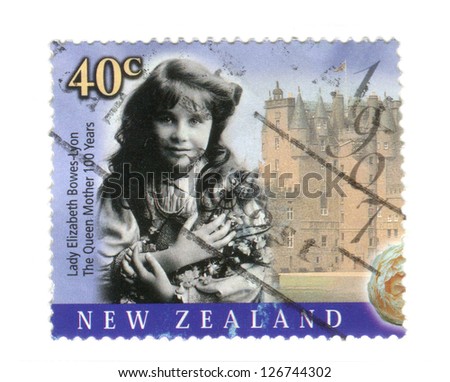 NEW ZEALAND JULY 27: Special edition commemorative stamp issued to mark the 100th birthday of HM. Queen Elizabeth the Queen Mother, on 27th July 2000 in New Zealand. She is depicted here in 1907.