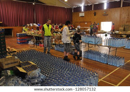 CHRISTCHURCH, NEW ZEALAND, FEBRUARY 26, 2011 - Food stockpiled in a school hall for distribution to victims of the 6.4 earthquake in Christchurch, South Island, New Zealand, 22-2-2011