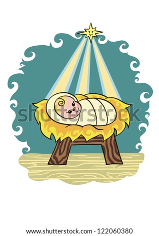 Christmas. Baby Jesus Lying In A Manger On Straw. He Smiles At The Star ...