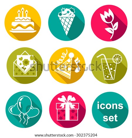 Holiday birthday party. New colorful flat design icons set. Template elements for web and mobile applications.