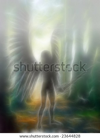 An 3D rendered angel silhouette with unfolded wings in a foggy forest.