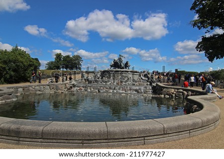 GEFION FOUNTAIN, COPENHAGEN JULY 2014: The large fountain on the harbor front features the Nordic Goddess Gefion plowing the sea with 4 oxen. Copenhagen, July 17th, 2014.