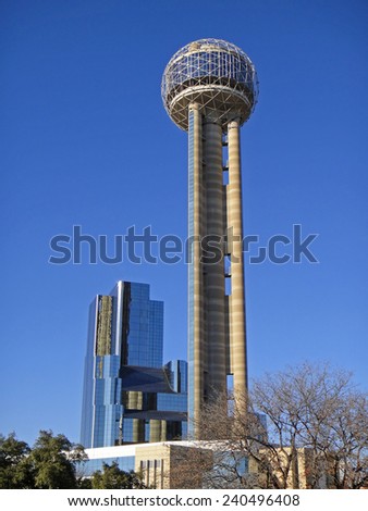 DALLAS, DEC 24: The Reunion Tower with a 561 ft high observation deck and hotel are the most recognized landmarks in Dallas. Dallas, Dec 24, 2014