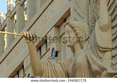 FORT WORTH, JAN-19: The Bass Concert Hall in downtown Fort Worth near the Sundance Square was opened in 1998. Trumpet playing Angel sculptures greet the visitors . Jan 19h 2015, Fort Worth