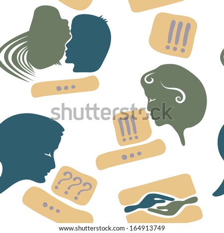 Unusual seamless pattern: silhouettes of men, women, emotions, love, harmony