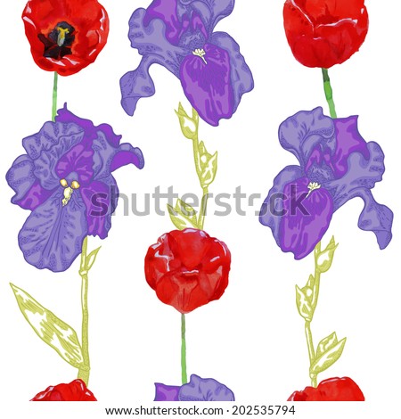 Seamless pattern with flowers tulips and irises on a white background in a row