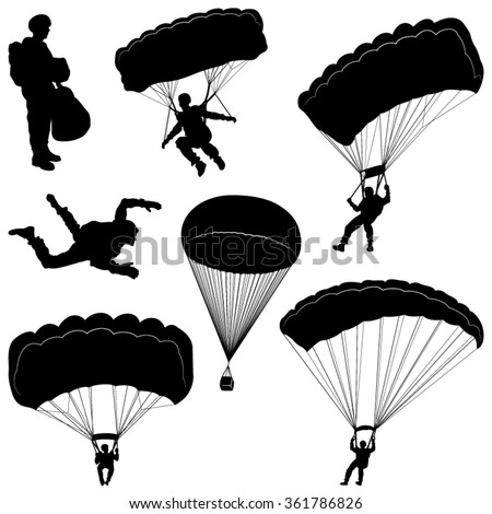 Set of Skydivers, Parachuting Silhouettes. Vector Image