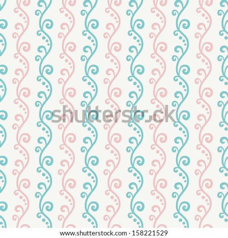 Vintage floral wave vector seamless pattern (tiling). Retro white, pink and blue colors. Endless texture can be used for printing onto fabric and paper or invitation. Curls and dots.