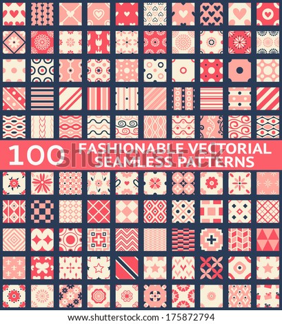 100 Fashionable vintage vector seamless patterns (with swatch, tiling). Retro pink, white and blue colors. Texture for wallpaper, web page background, fabric and paper. Set of geometric ornament.