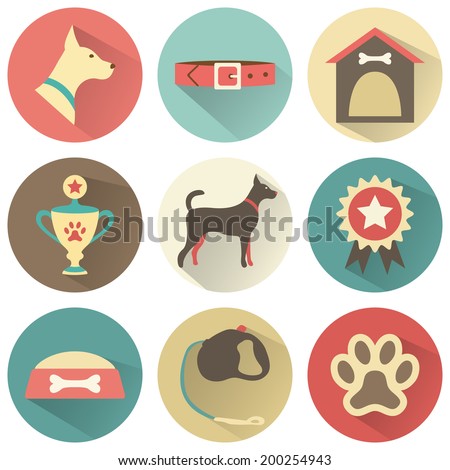 Retro dog icons set. Vector illustration for web, mobile application design. Pet animal silhouette. Profile canine head, full, collar, kennel, cup, medal, award, bowl of food, leash, bone, footprint.
