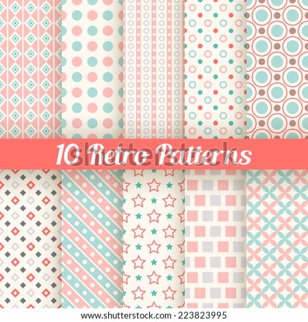 10 Retro different seamless patterns. Vector illustration for beauty design. Pink, white and blue colors. Endless texture can be used for sweet romantic wallpaper, pattern fill, web page background.