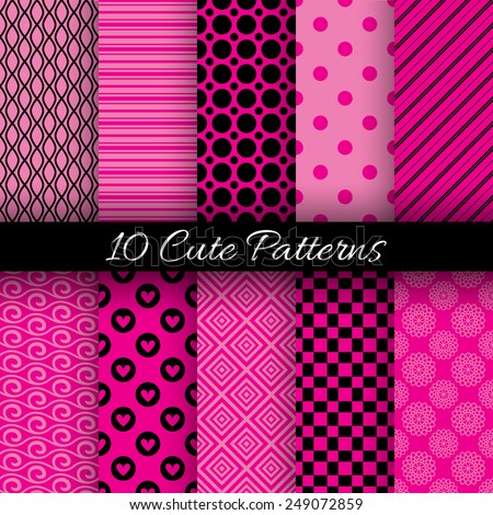 10 Cute abstract geometric bright seamless patterns. Vector illustration for attractive design. Endless texture can be used for fills, web page background, surface. Pink and black colors.