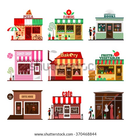Cool set of detailed flat design city public buildings. Restaurants and shops facade icons. Pizza, flowers, books, candy shop, bakery, fruits and vegetables, coffee house, cafe and boutique. Vector