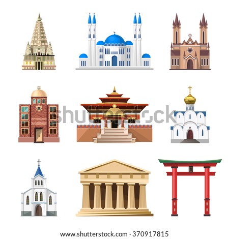 Cathedrals, churches and mosques vector building set. Collection of temple buildings and architecture. Places of interest of different countries. Islam, buddhist, hindu and christian religion.