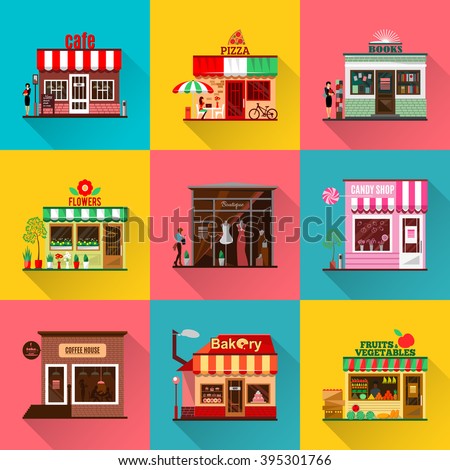 Set of flat shop building facades icons. Vector illustration for local market store house design. Street cafe, small business retail, pizza candy front kiosk, baby boutique fruit food mall concept app