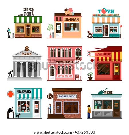 Retro set of detailed flat design city public buildings. Restaurants and shops facade icons. Toys, ice-cream, shoes, bank, music, barber, pharmacy, chinese shops. Cartoon vector icons collection.