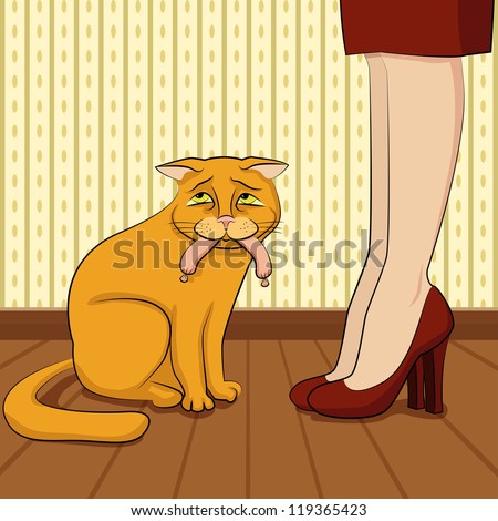 cat with sausage - vector illustration