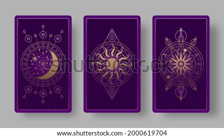 Tarot cards back set with golden crescent, sun, and star symbols