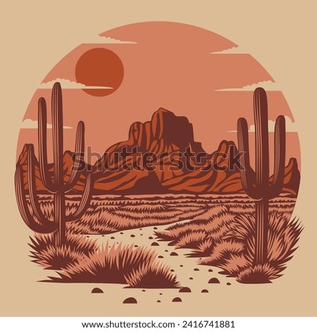 Sunset in the Arizona desert. Cactuses on the background of rocks. Vector illustration