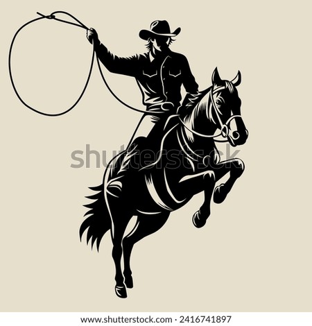 Cowboy with lasso in his hand on galloping horse. Vector illustration