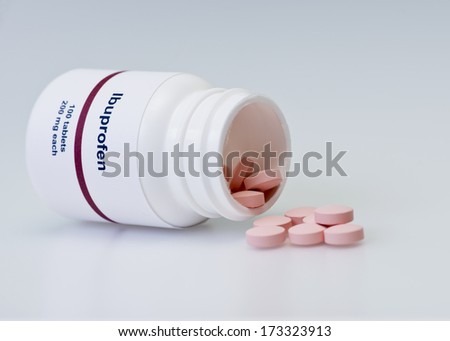 Ibuprofen bottle and tablets on white background.  Label is not real.