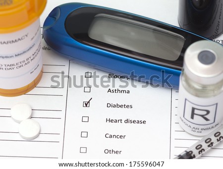 Patient chart with prescription bottle, medication,insulin syringe,regular insulin, and glucometer.
