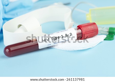 HIV type 1 and 2 blood collection tube with butterfly catheter and band.  Label is fictitious, serial numbers are random and bear no resemblance to any actual product.