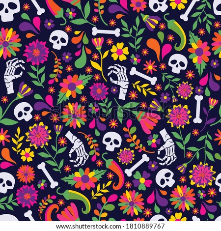 Seamless vector pattern with mexican elements - guitar, sombrero, tequila, taco, skull on dark. Perfect artistic background for your design. Dias de los muertos. Translate-Feast of death.