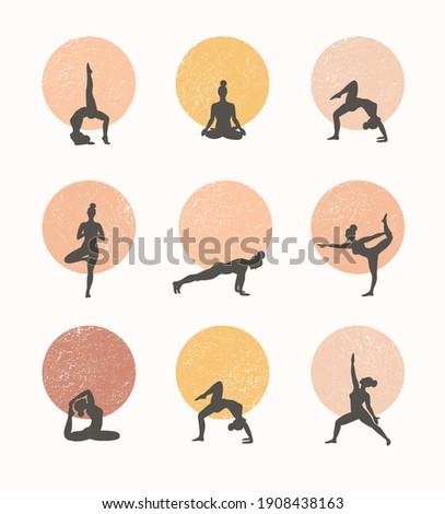 Contours of women in the yoga poses on a circle background. Trend contemporary poster.