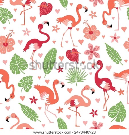 Pattern with pink flamingos and tropical leaves on a white background. Pink flamingo in flat style. Seamless pattern for textile, wrapping paper, background.