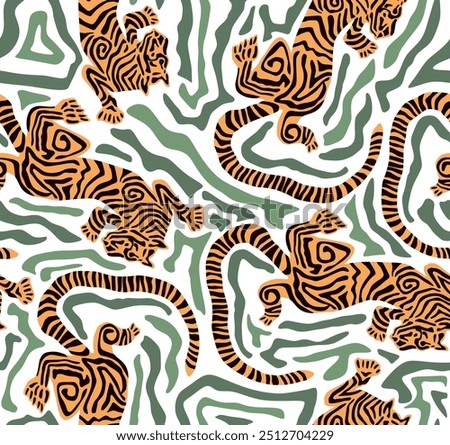 Tiger Art Seamless Pattern On Beige background Wallpaper illustration Vector, Safari Wildlife, Tiger Seamless Pattern, Tiger Print, Animal Print