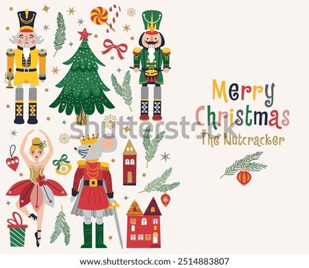 Merry Christmas, New Year set with Ballerina, Mouse King and Nutcracker. Christmas card three and toys