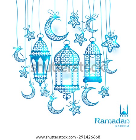 Ramadan Kareem celebration greeting card decorated with blue moons, lamps and stars on white background.