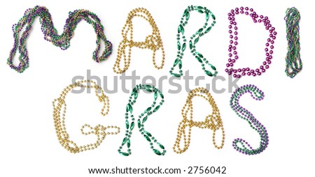 Mardi Gras beads - green, gold, purple, spelling 'mardi gras' Stok fotoğraf © 