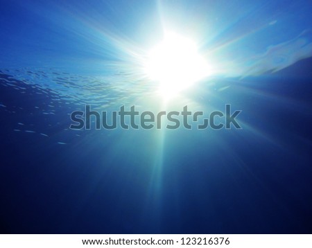 The sun us it is seen underwater in the clear sea of Greece