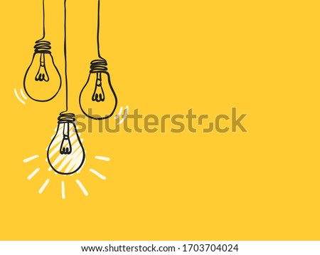 simple black childish hand drawing lines lightbulbs on yellow for background, texture, wallpaper, banner, label etc. with copy space. vector design.