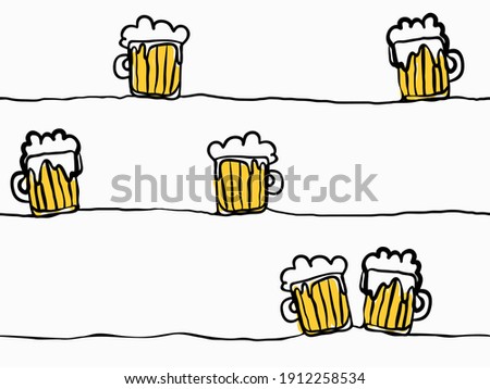 simple childish hand drawn continuous line art mugs of beers celebrating occasional day, season greeting seamless background, wallpaper, pattern, banner, label, texture, vector design.