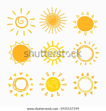 simple isolated childish hand drawn lines, doodle of yellow, orange ray or burst of sun for banner, background, wallpaper, cover etc. vector design.