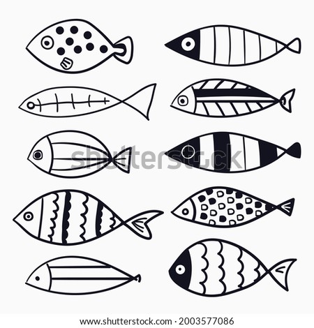 isolated childish hand drawn lines art fancy fishes marine aquatic animal for background, wallpaper, texture, banner, label, cover, card, etc. vector design.