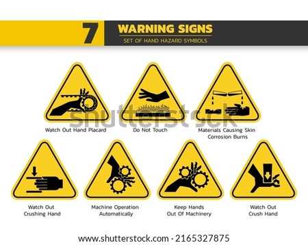 set of isolated  hand hazardous symbols on yellow round triangle board warning sign for pictograms, icon, label, logo or package industry etc. flat style vector design.