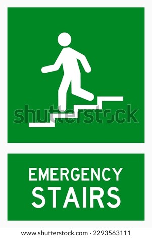 isolated emergency exit, descending walking down stairs, fire safety symbols on green rectangle board notification sign for pictograms, icon, label, logo or  industry etc. flat style vector design.
