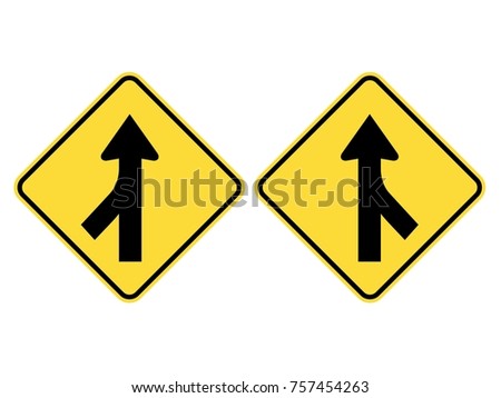 left & right merging traffic warning sign on yellow diamond board with black arrows flat design vector 