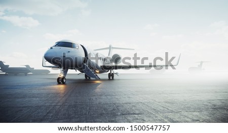Business private jet airplane parked at outside and waiting vip persons. Luxury tourism and business travel transportation concept. 3d rendering Stockfoto © 