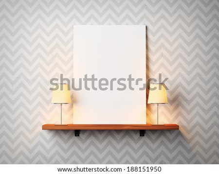 Blank poster on a shelf with two lamps