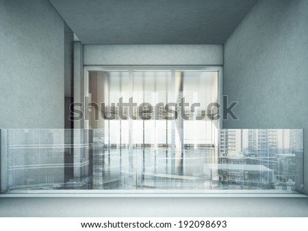 Office building exterior with glass balcony