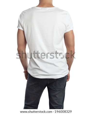 Man wearing blank white t-shirt. Back. Isolated on white.