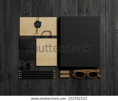 Set of branding elements on wood