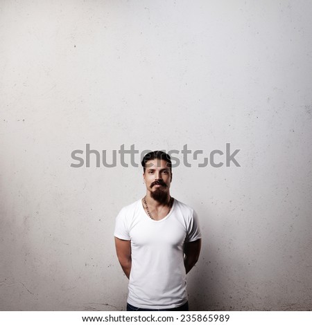 Bearded guy in blank white t-shirt