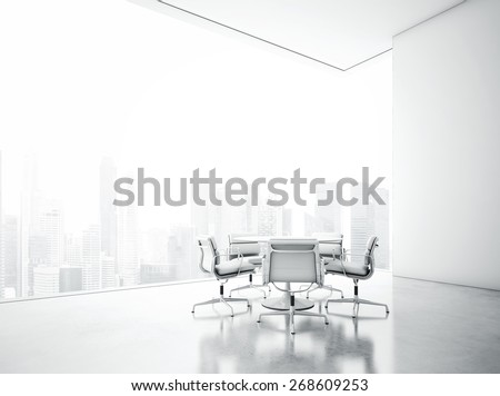 White meeting room with panoramic city view. 3D rendering